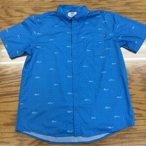 Aftco Aftech Button Down Blue Marlin Fishing Shirt Short Sleeve Polyester Mens L